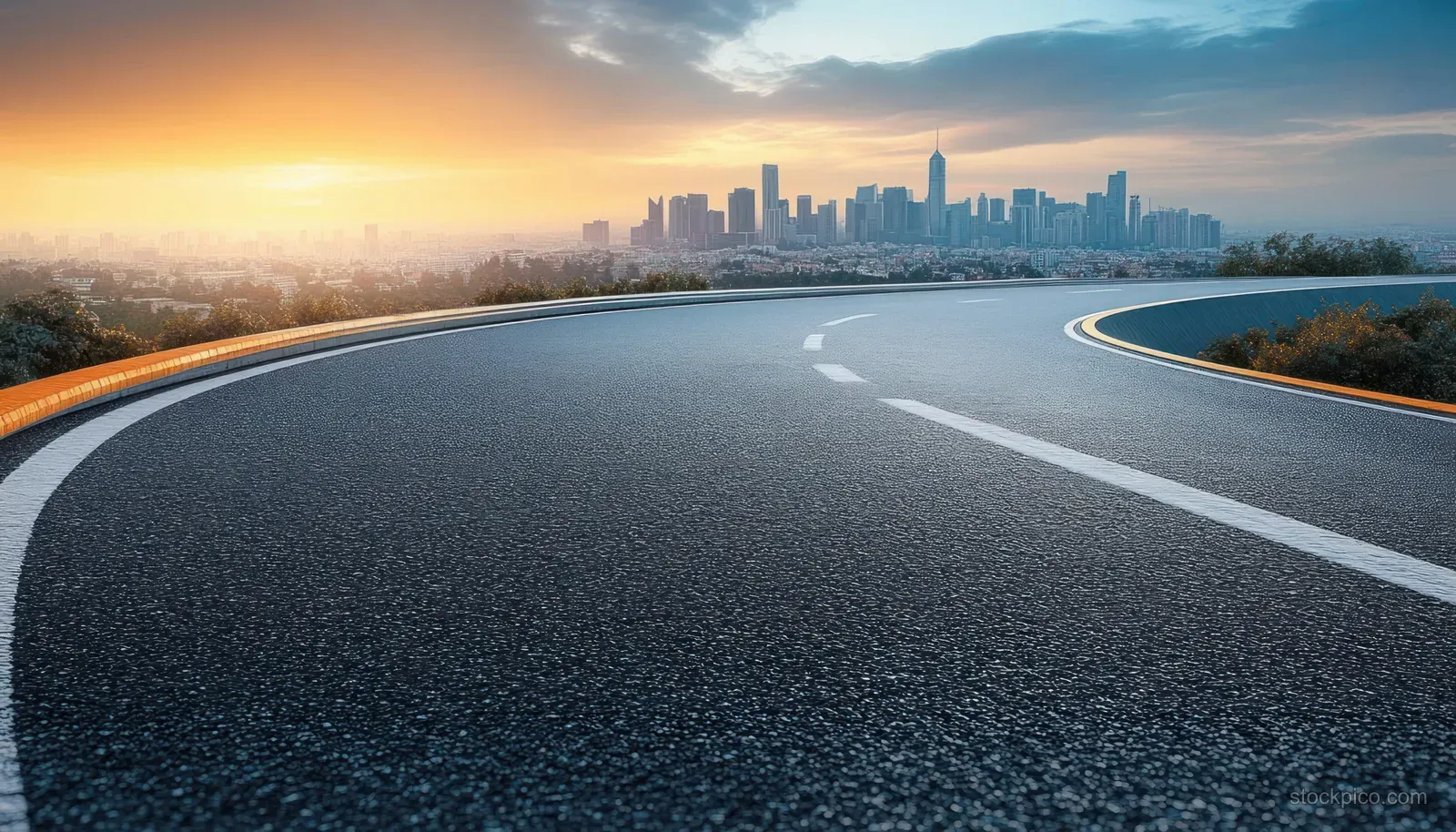 Curved highway stretches toward a modern city skyline under golden hour sky beside a river.