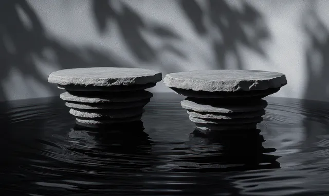 Two layered stone disc sculptures floating in dark reflective water