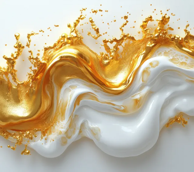 Golden oil and creamy milk splash into flowing waves with droplets on a white background.