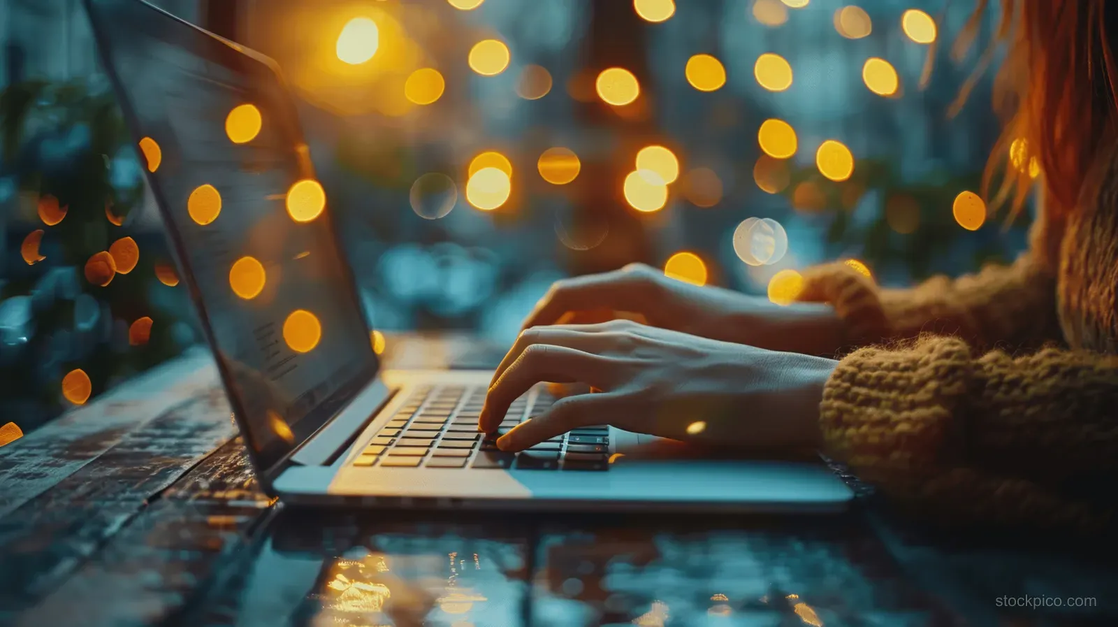 An Asian businesswoman types on a laptop at a desk while warm office lights blur in the background.