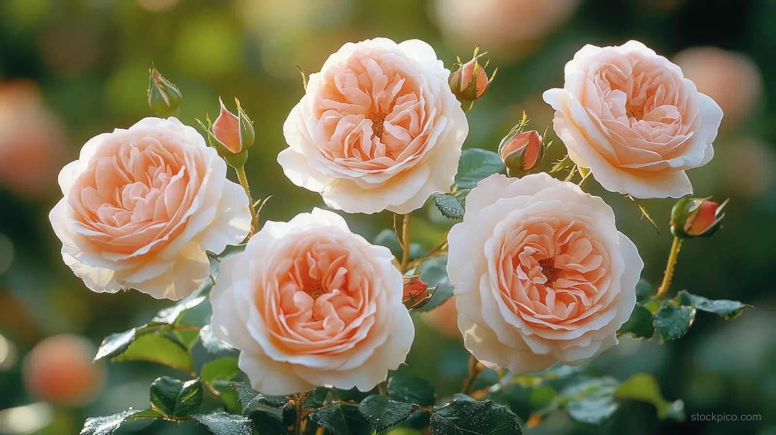 Peach rose blossoms and buds with green leaves in an outdoor garden under soft sunlight.