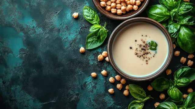 Creamy chickpea soup in a bowl topped with black pepper and basil leaves, with chickpeas around it on a dark textured surface.