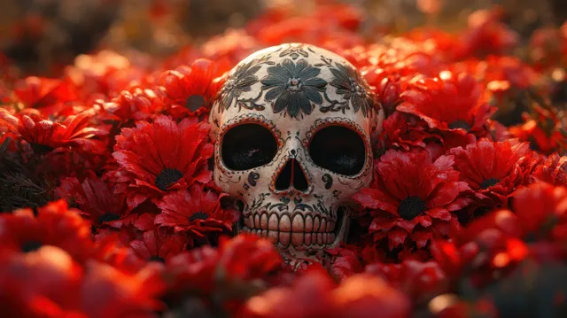 White sugar skull with black eye sockets resting in dense red flowers with soft out-of-focus lights behind.