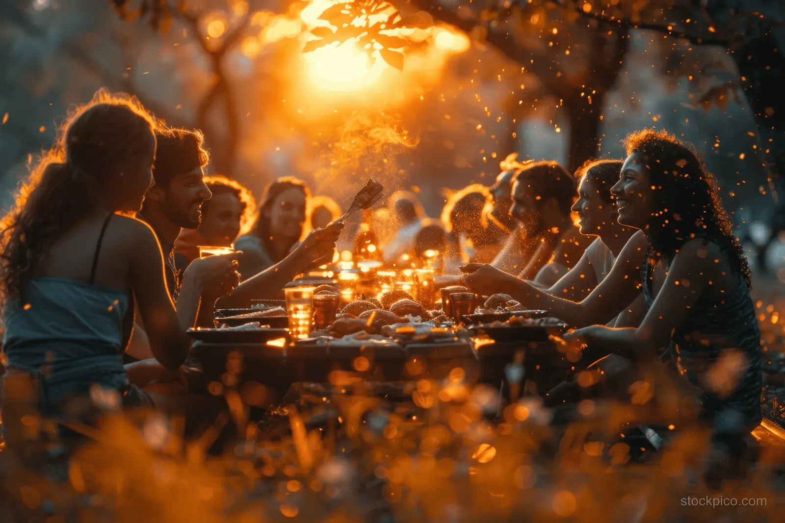 Friends enjoy a summer picnic meal outdoors in the park during golden hour with warm sunlight and sun flare.