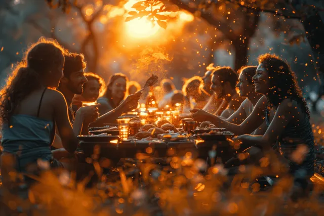 Friends enjoy a summer picnic meal outdoors in the park during golden hour with warm sunlight and sun flare.