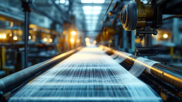 An industrial weaving machine stretches threads to produce fabric while motion blur streaks run through the textile line.