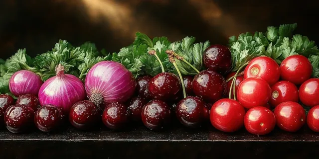 Red onions, cherries, cherry tomatoes, and parsley arranged in a row on a dark tabletop with a blurred background.