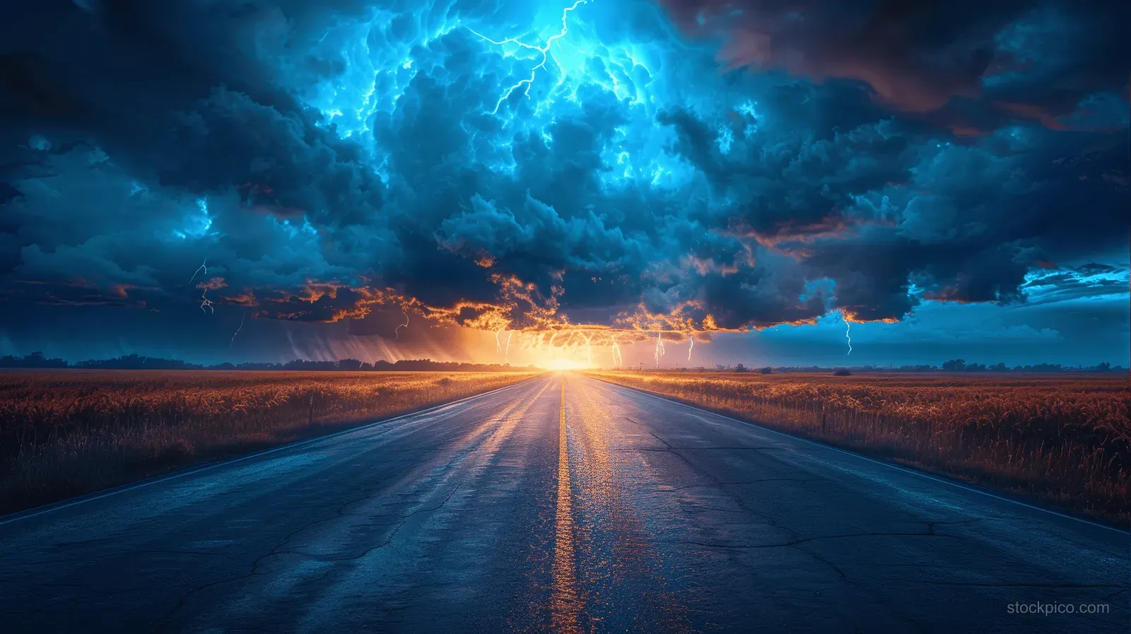 Lightning illuminates storm clouds above an empty road stretching toward a glowing sunset horizon.
