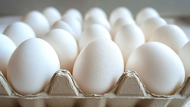Close-up of white eggs in a cardboard carton with smooth shell texture and soft light