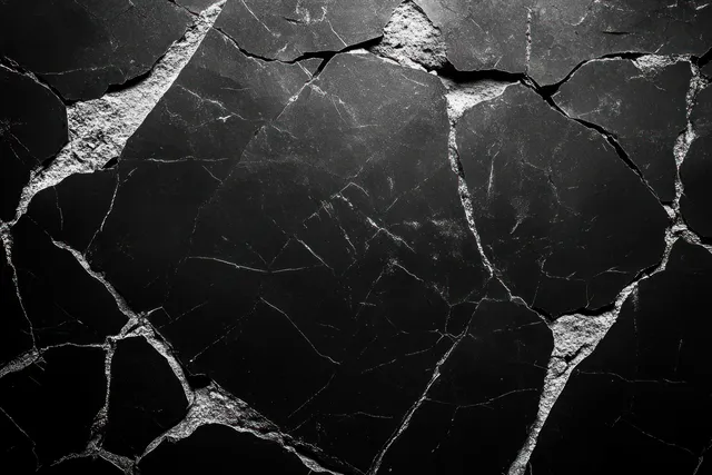 Close-up cracked black stone surface with jagged fracture lines and fragmented rock patterns