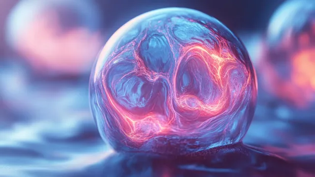 Glowing blue and pink energy sphere with swirling luminous patterns in a dark blurred background.