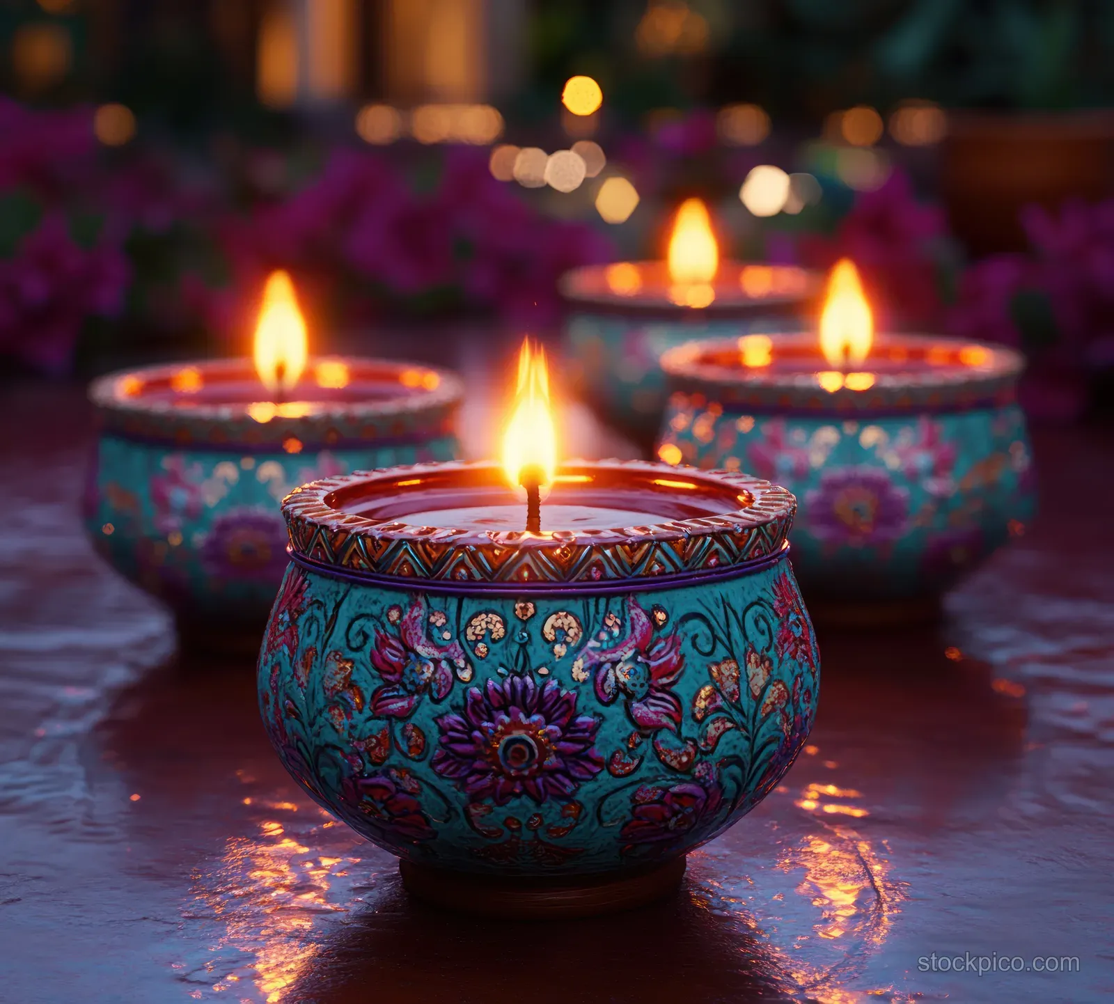 Glowing clay diya lamps sit on an illuminated rangoli during a Diwali night celebration.