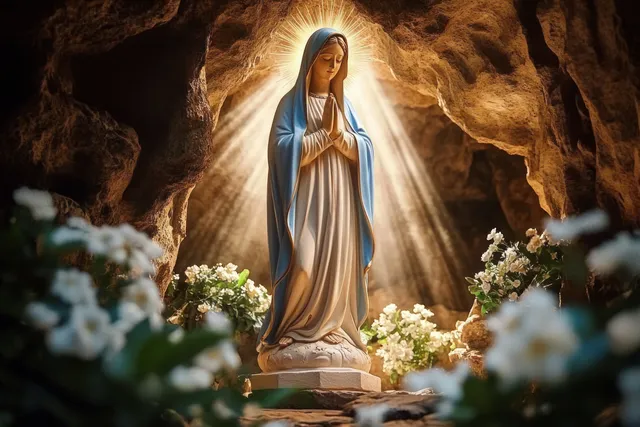 A praying woman statue on a stone pedestal inside a rocky cave, lit by radiant beams and surrounded by white flowers.