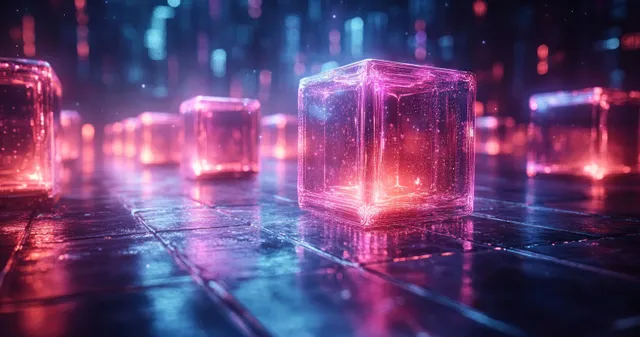 Neon-lit futuristic cubes floating in dark space, reflecting on a glossy surface
