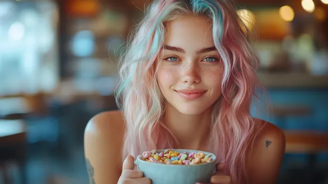 A cheerful woman with pastel-pink hair holds a bowl of colorful cereal in a softly lit kitchen.