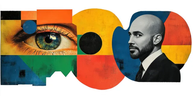 Abstract collage with blue-green eye and side-profile bearded man portrait among colorful geometry