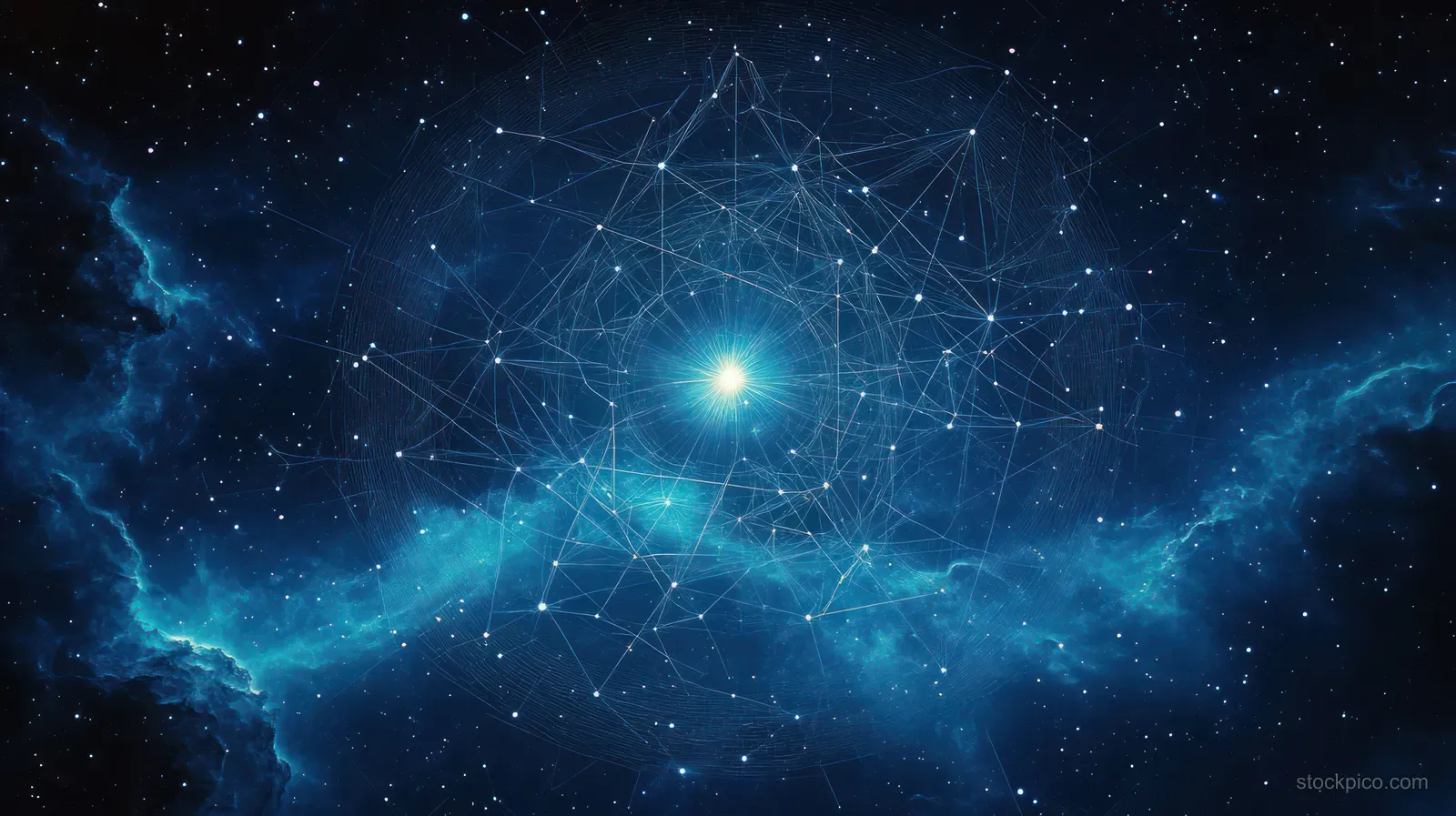 Glowing star connected to floating network nodes across a deep blue nebula filled with distant stars.