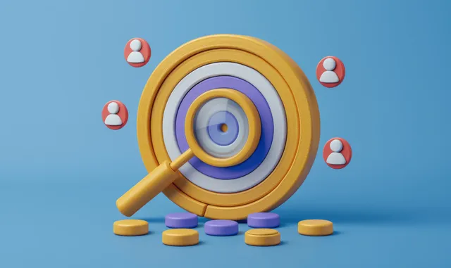 3D magnifying glass focuses on a target surrounded by pastel leadership and teamwork icons representing business strategy.
