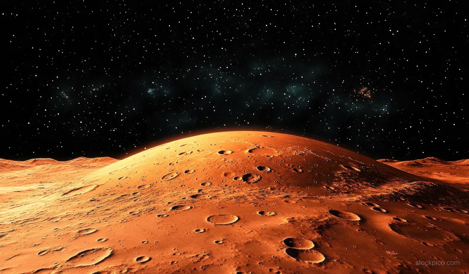 Mars surface with rocky ridges, scattered craters, and a glowing dust storm against a starry sky.
