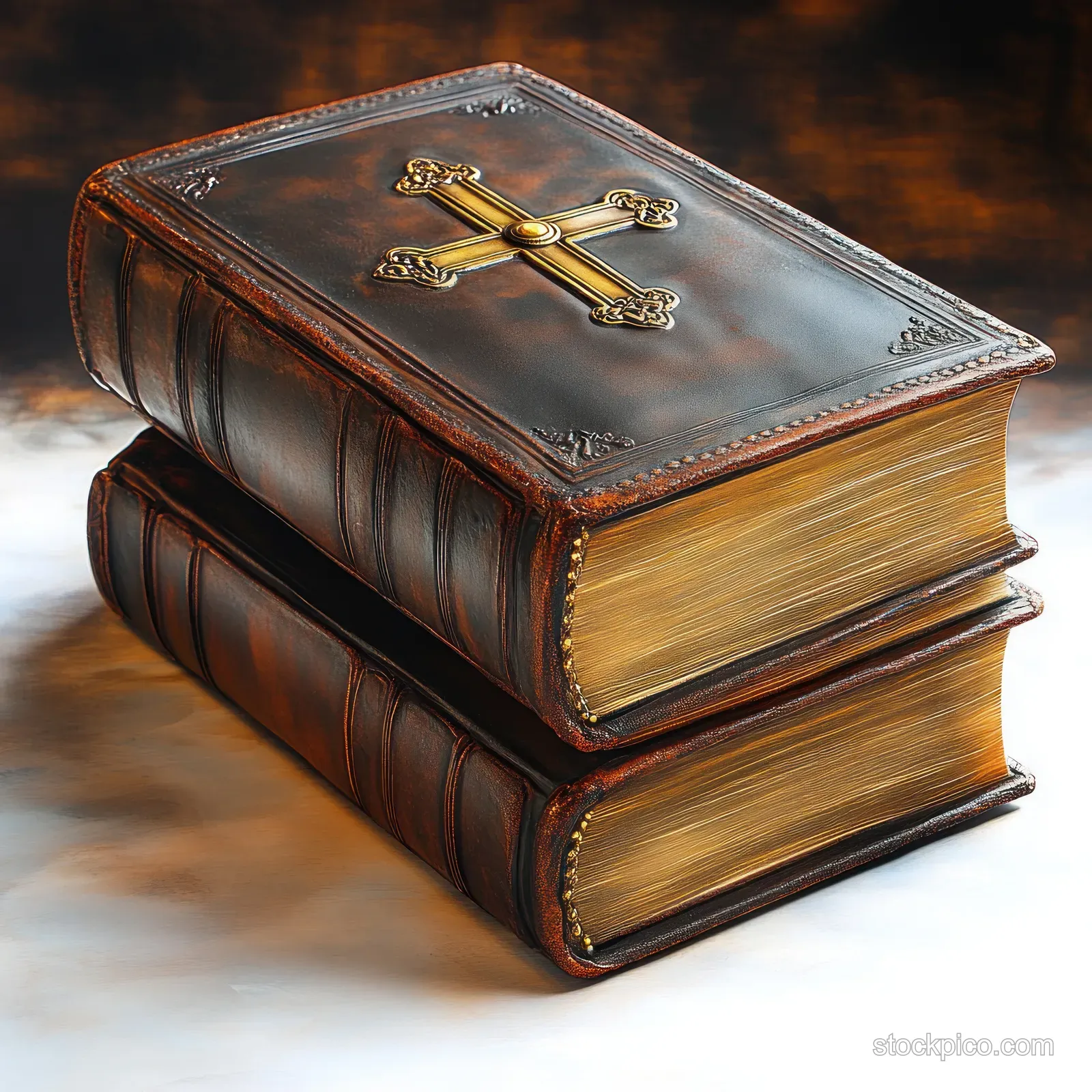 Two leather-bound books are stacked, with a gold cross embossed on the top cover.