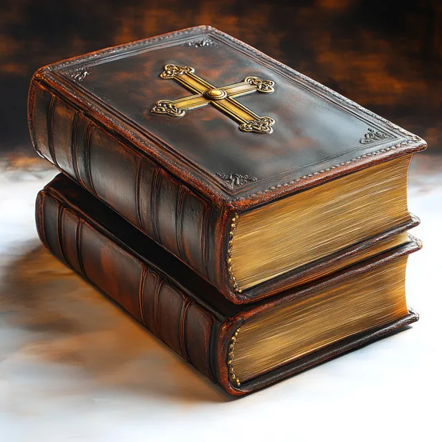 Two leather-bound books are stacked, with a gold cross embossed on the top cover.