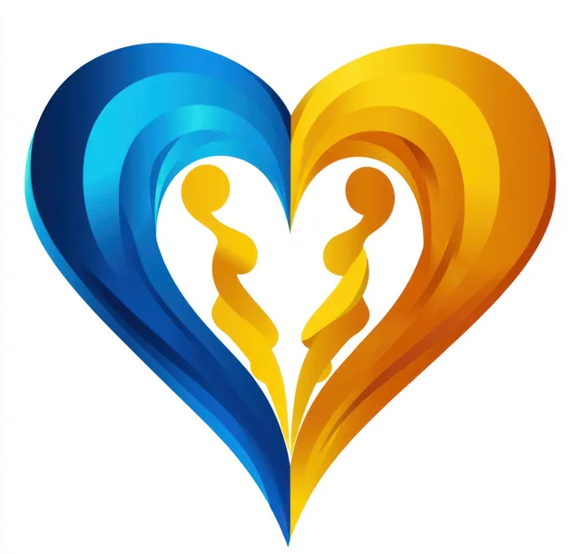 Blue and orange heart with two facing silhouettes symbolizing connection and shared feelings