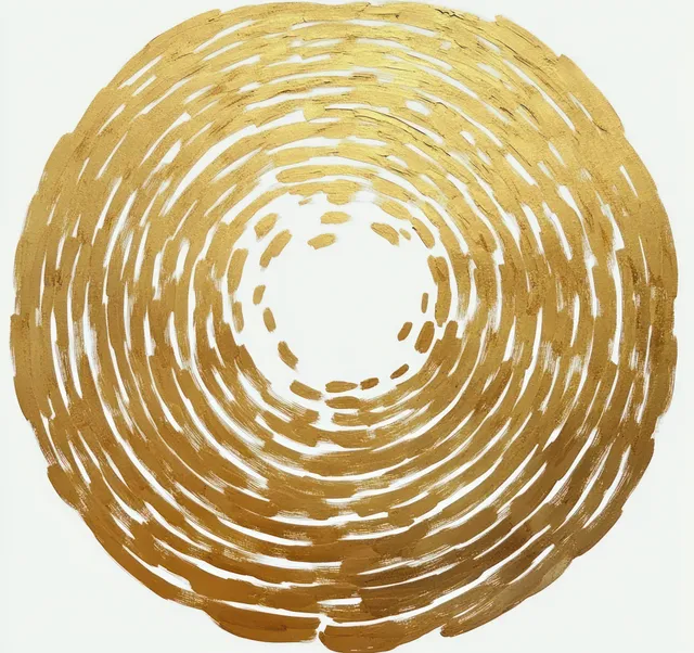 Gold concentric brush-stroke circles radiate from center on white background, textured symmetry