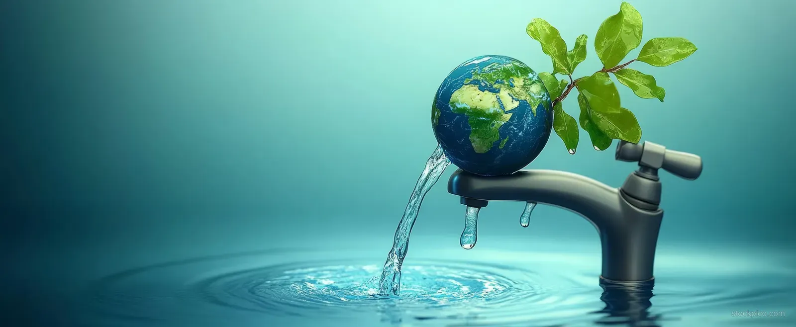 Water-saving faucet pouring into a small stream beside a globe covered with eco leaves.