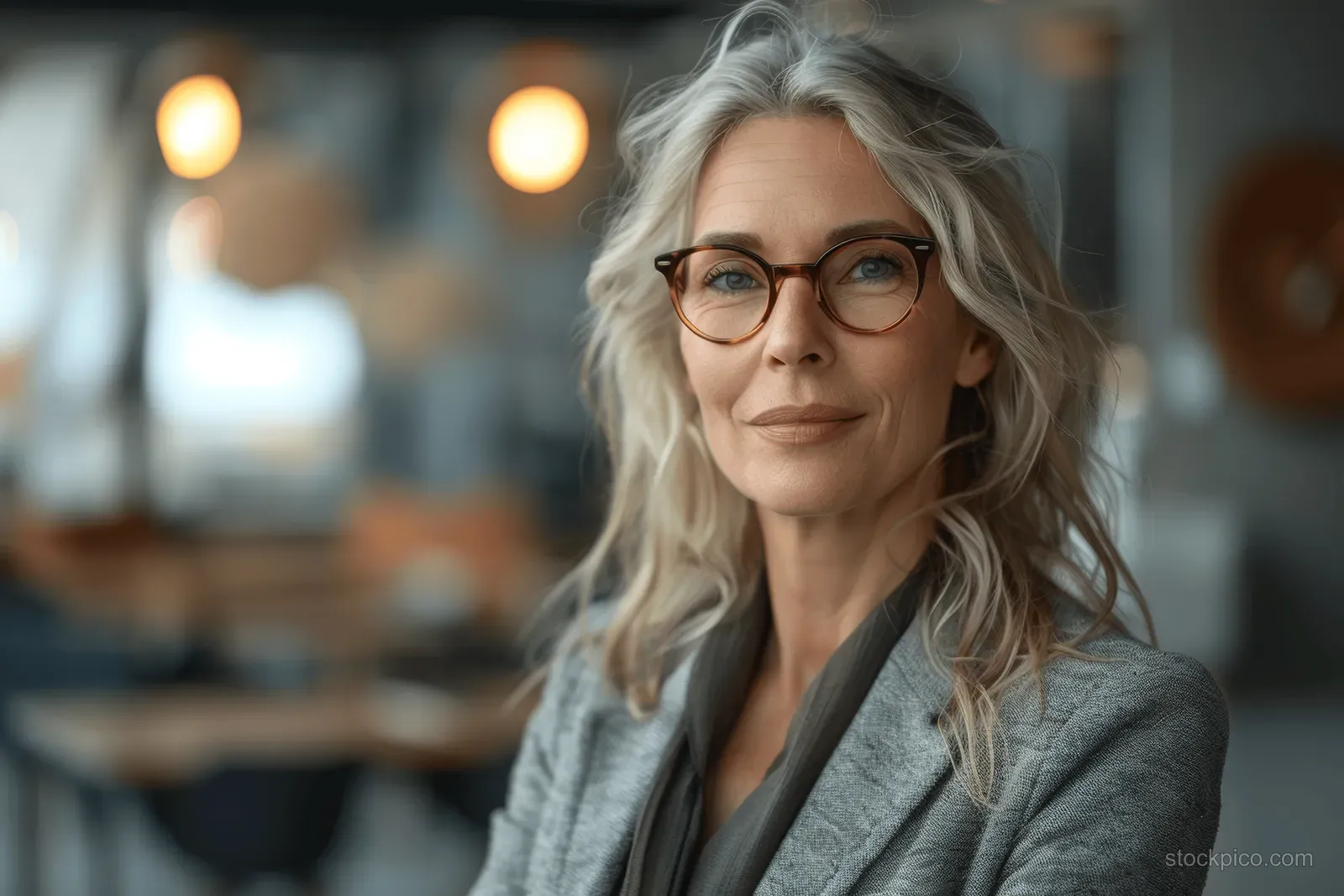 Smiling senior businesswoman wearing glasses and blazer stands in a bright office with blurred desks and glass walls.