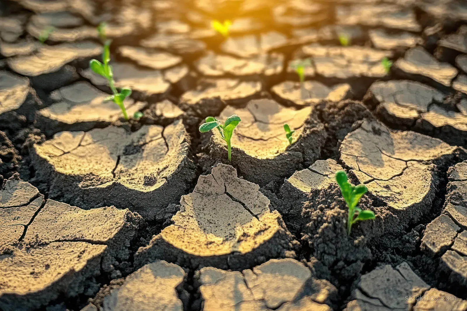 Cracked dry earth with small green sprouts emerges in warm golden sunlight, showing deep soil fissures.