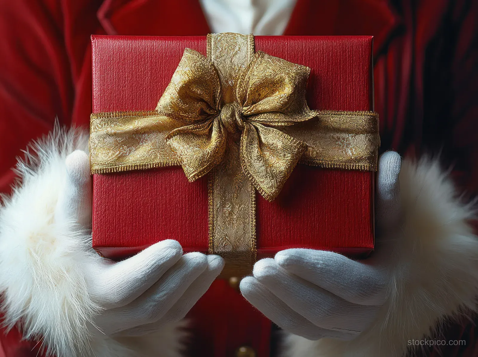 Person in white fur cuffs holds a red gift box tied with an ornate gold ribbon and bow.