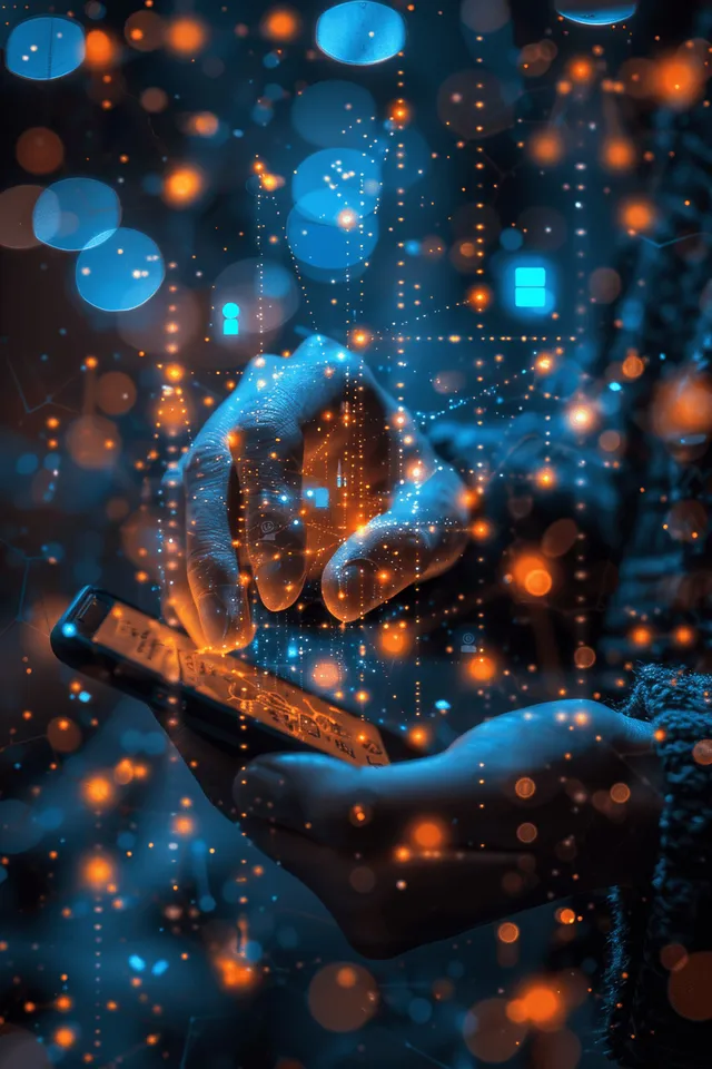 Glowing hands holding floating digital icons over networked data patterns