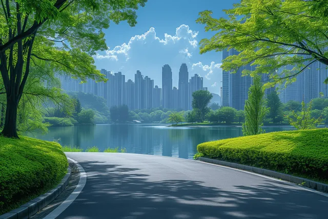 Lakeside highway curves toward modern skyline, sunlit trees framing tall towers and calm water