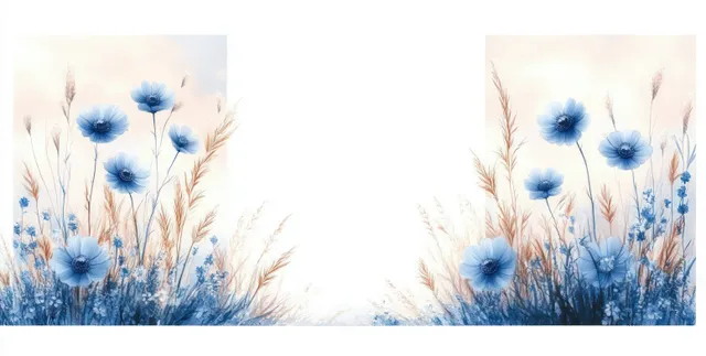 Watercolor field border with soft blue cornflowers and tall grasses on light background