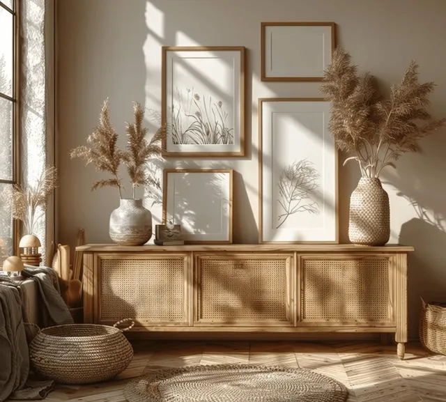 Blank picture frames sit on a rustic wooden sideboard in a bright kids room beside small toys and decor.