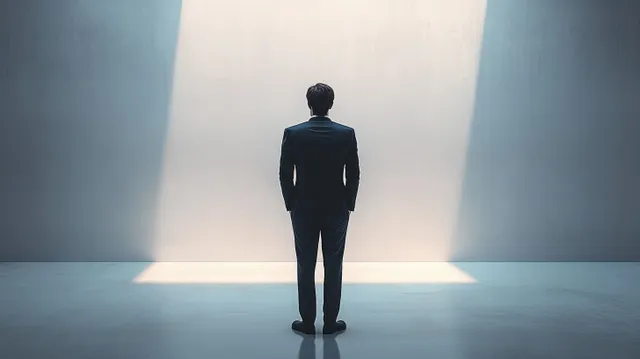 A man in a dark suit stands alone facing a glowing rectangular light in an empty minimalist room with shadows.