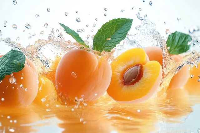 Apricot halves splash in golden juice with mint leaves on a clean white studio background with Fresh Ingredients