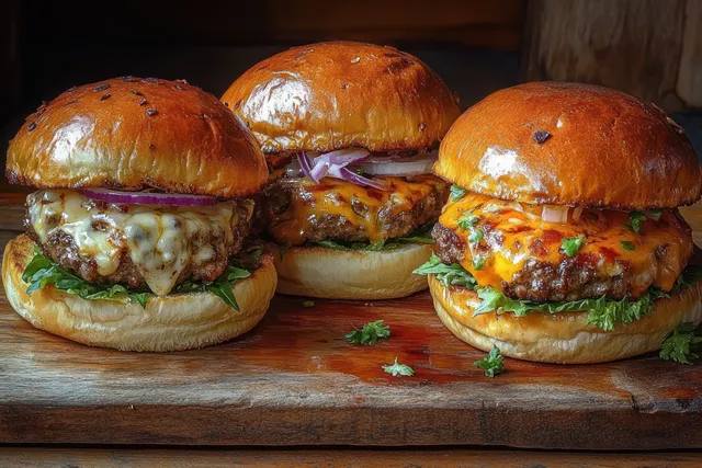 Three cheeseburgers with melted cheddar, lettuce, and onion on a rustic wooden board