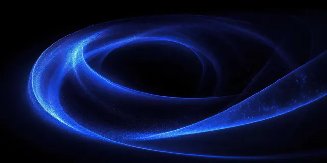 Blue glowing particle vortex swirls in circular loops against a black background with luminous light trails.