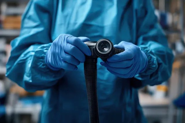 Gloved technician in blue suit adjusting a black camera lens indoors in a lab