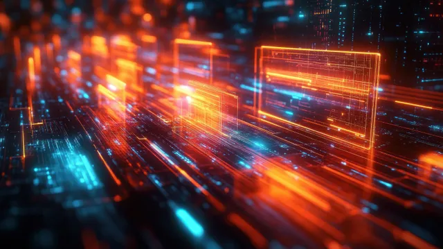 Neon orange and blue circuit-like paths streak across a futuristic city with glowing rectangular light frames.