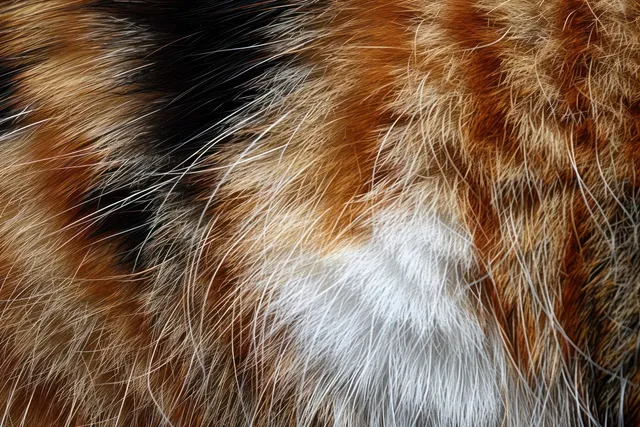 Close-up of multicolored fur texture with fine hair strands and warm natural light