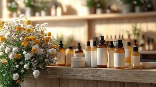 Skincare bottles line a spa shelf beside a wildflower bouquet under warm candlelit glow.