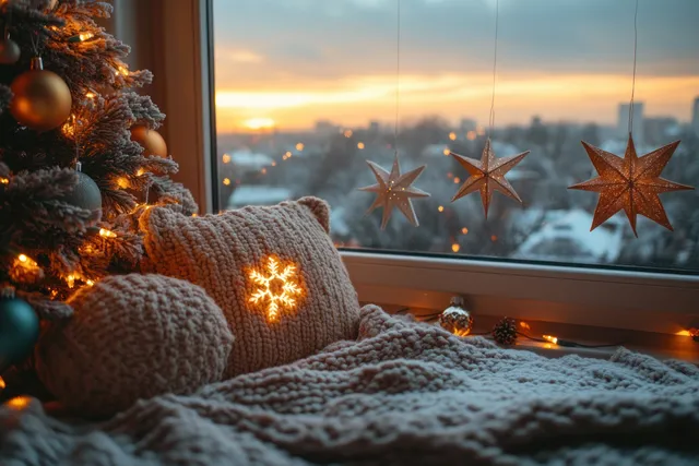 Cozy winter living room with a decorated Christmas tree, glowing star lanterns, and a serene city skyline view through the window.