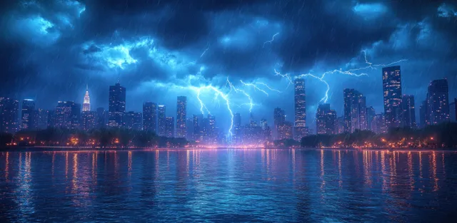 Lightning forks above a nighttime city skyline, casting blue reflections across rain-dark water.