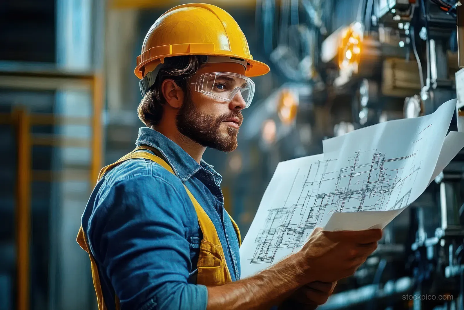 A hard-hatted engineer holds industrial blueprints in a factory aisle with machines blurred behind him.