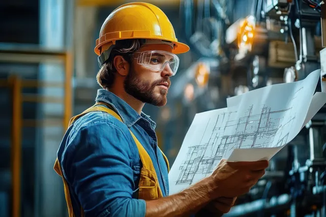 Focused male engineer in hard hat studies industrial blueprints in factory aisle