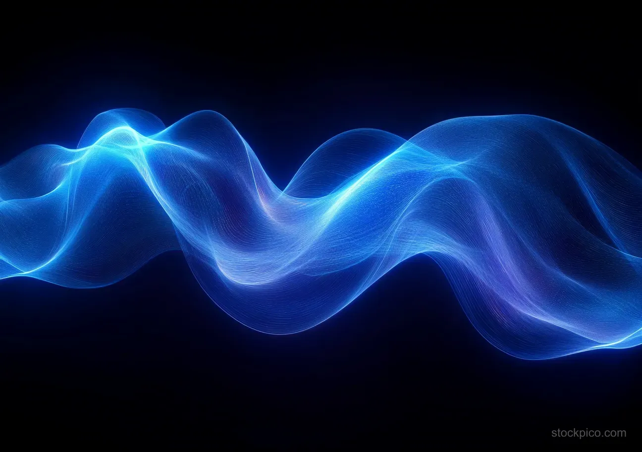 A glowing blue and purple light wave undulates across a dark background with soft translucent curves.