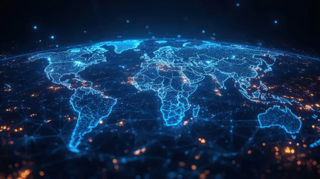 Neon world map shows glowing network routes across continents on a dark polygon grid background.