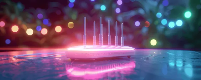 A glowing futuristic Wi‑Fi router with antennas and LED lights over a reflective blur of digital signal lights.